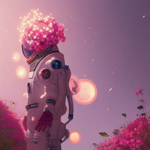 Astronaut Among Pink Flowers in Snow, Detailed Digital Art