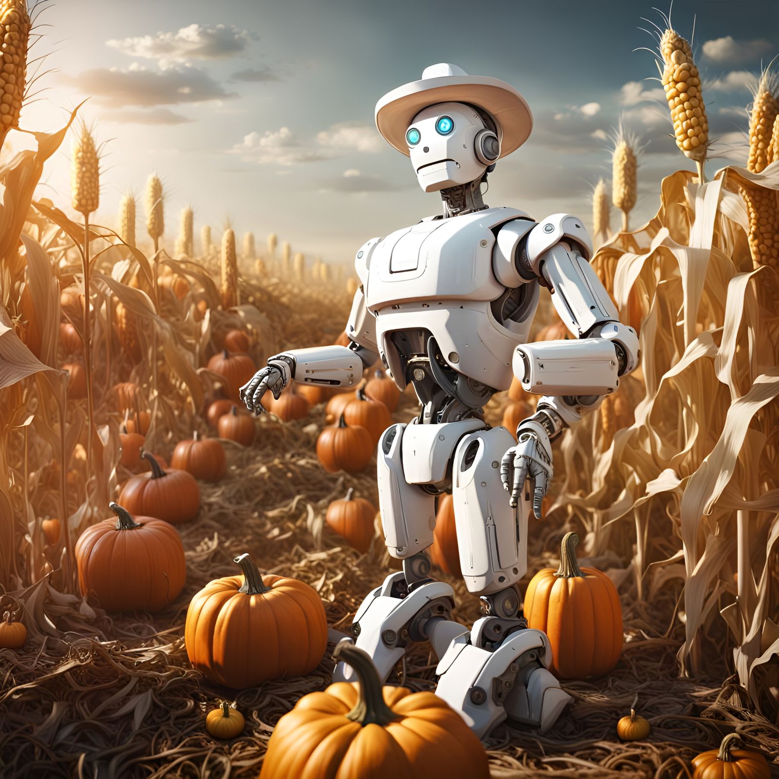 Harvest Robot Farmer in Detailed Matte Painting Style