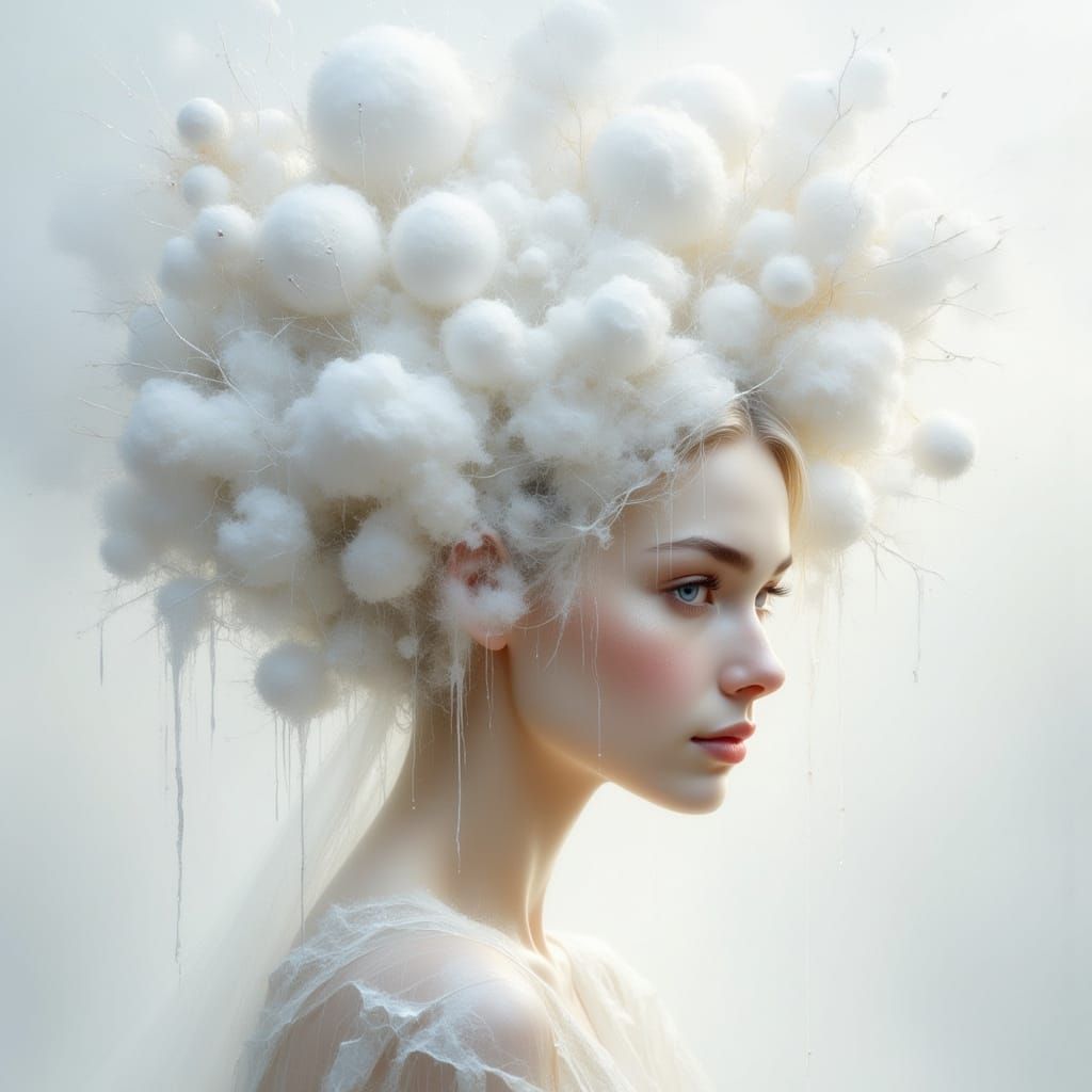 Ethereal Woman with Cloud Hair in Digital Painting