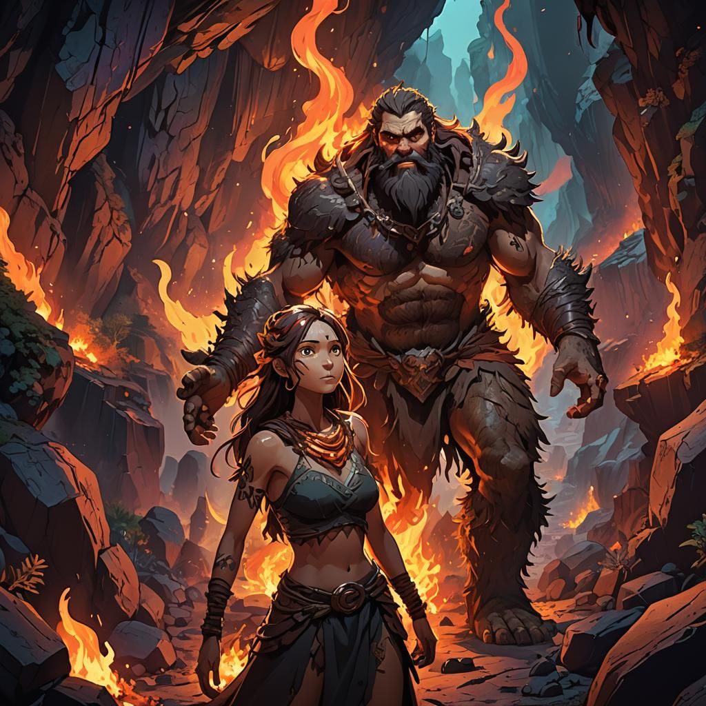 Cave Couple in Land of Fire: Anime-Inspired 3D Art