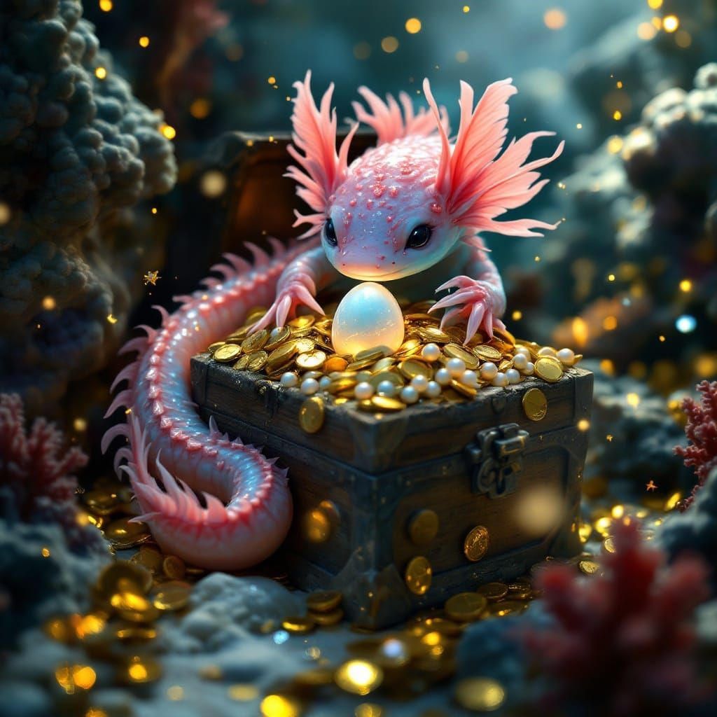 Soulful Axolotl Guards Treasure Trove in Moody, Cinematic Sc...
