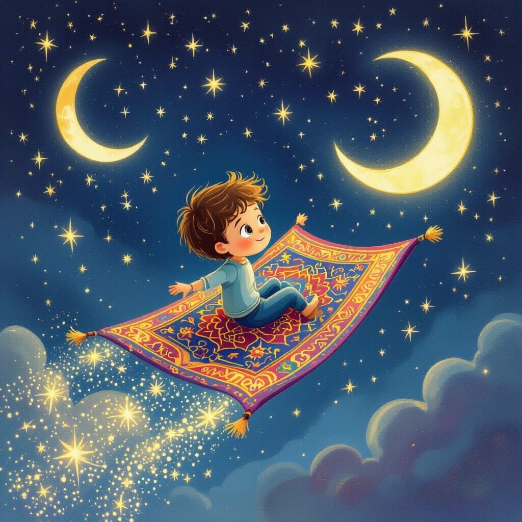 Boy Soars on Magic Carpet Through Starry Night Sky