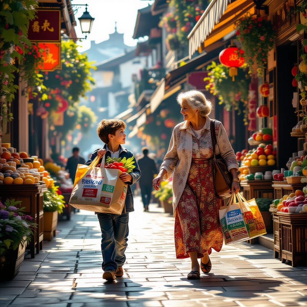 Boy Helps Elderly Woman on Sunlit Street in Digital Matte Pa...