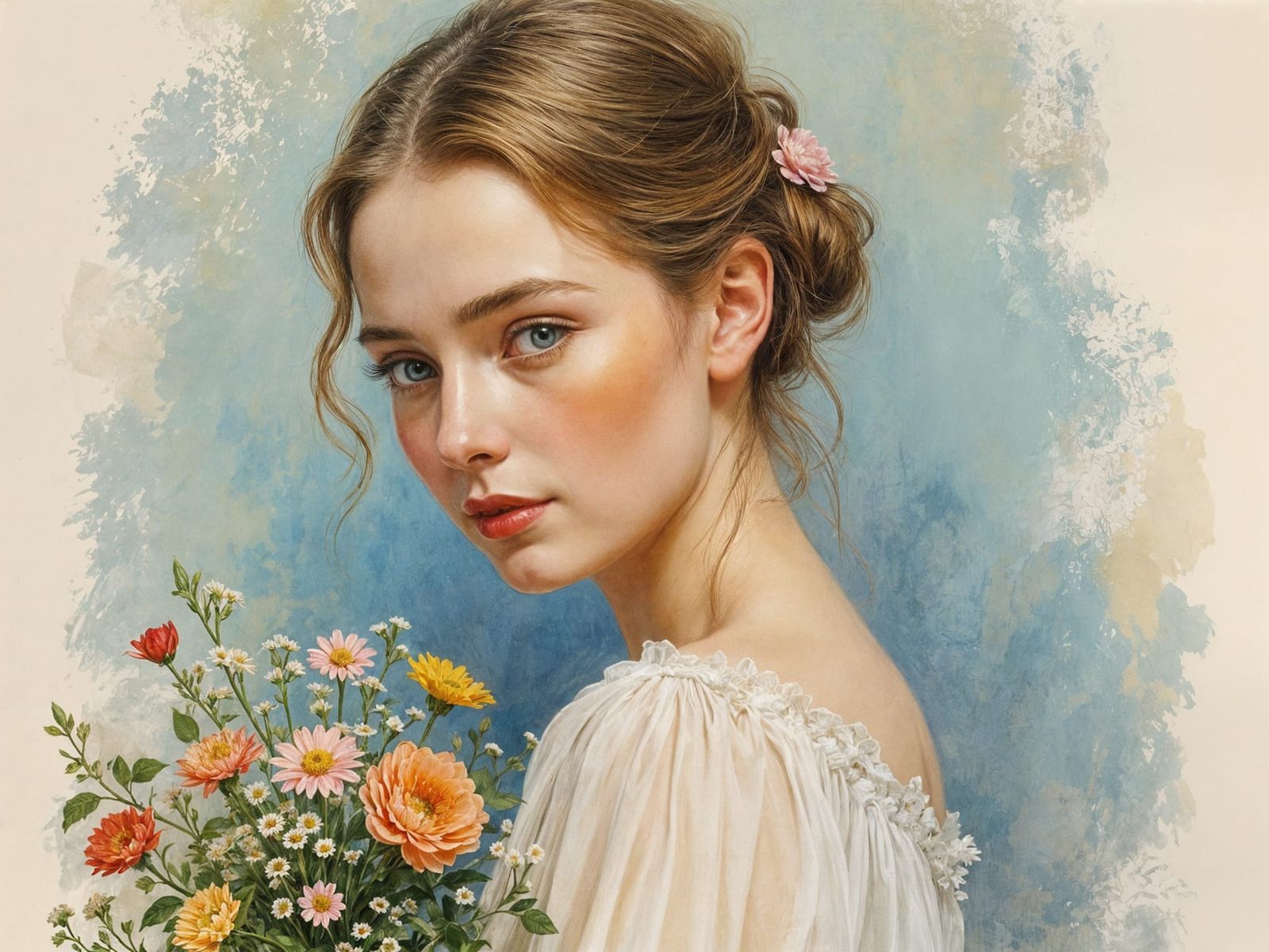 Woman with Flowers: A Portrait in Academic Style