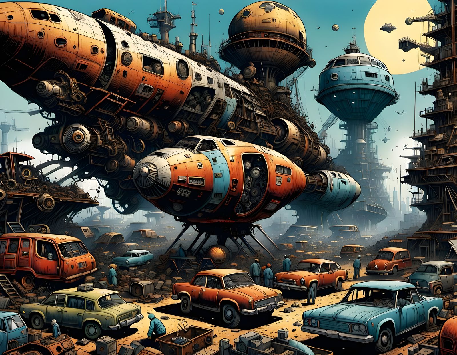 Starship Junkyard Mayhem in Psychedelic Comic Style