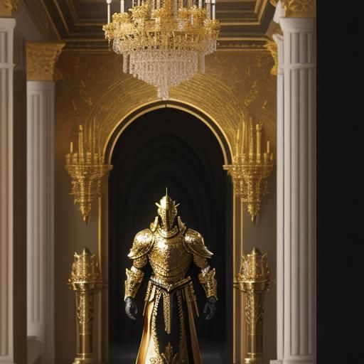 Golden Knight with Sword in Ornate Hallway