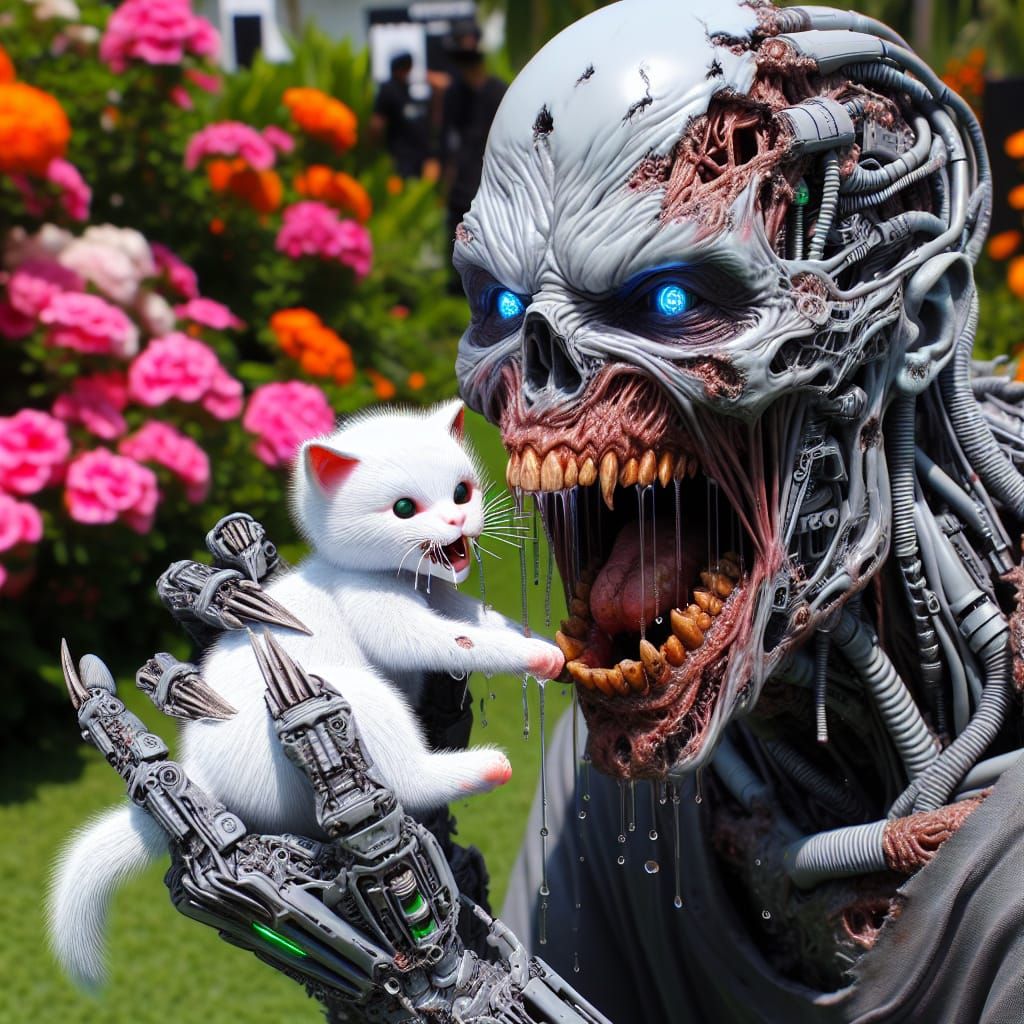 Cybernetic Zombie with Kitten in Flower Garden
