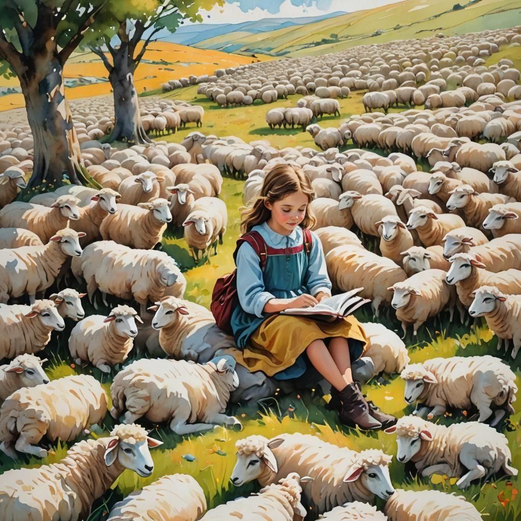 Girl Reading with Sheep in Colorful Landscape