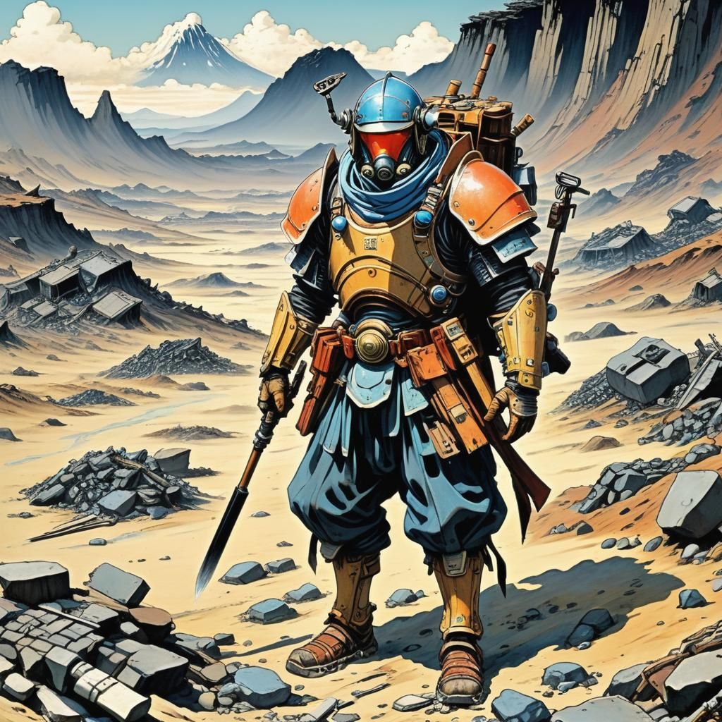 Wasteland Scavenger in Sci-Fi Utagawa-Moebius Style