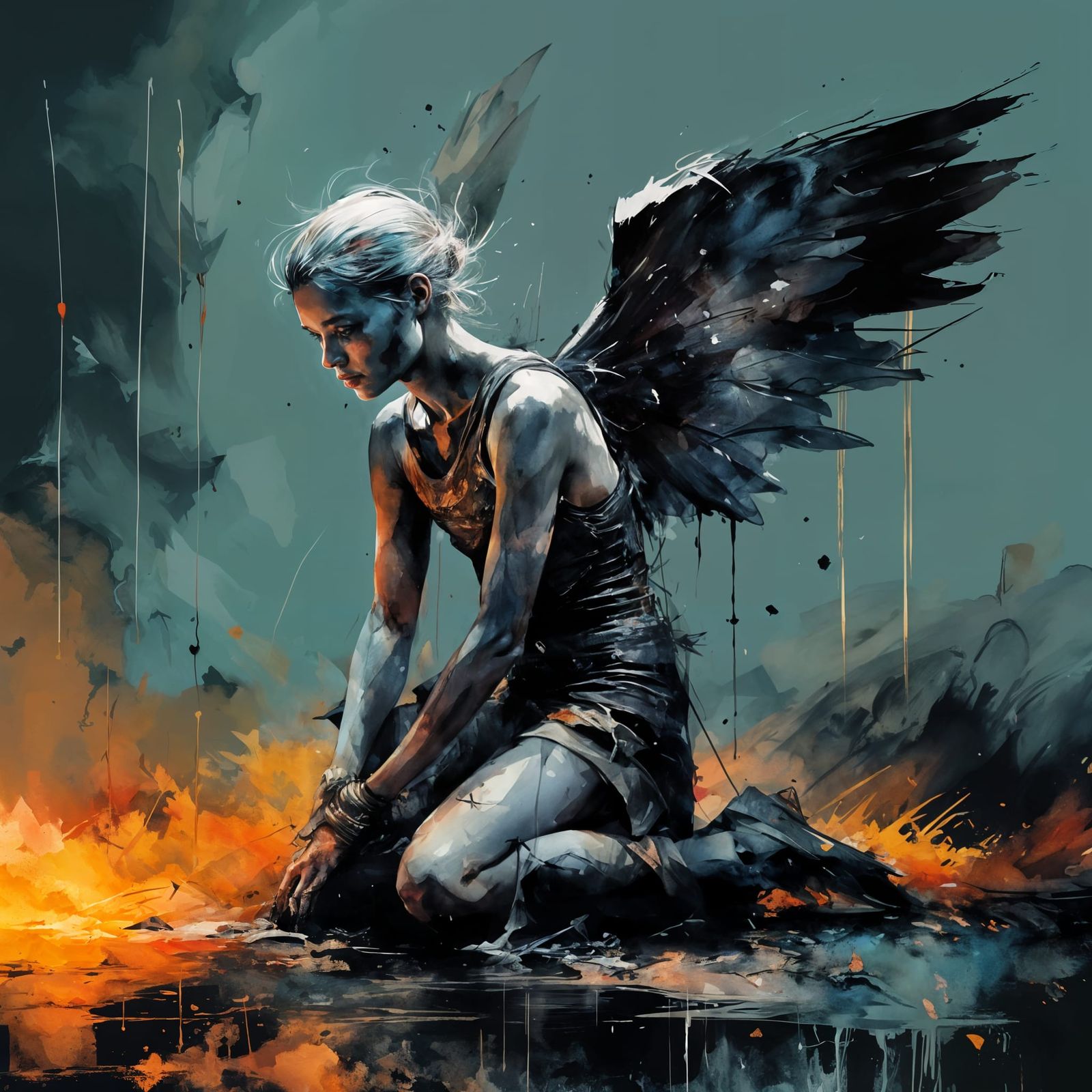 Fallen Angel in Smoldering Crater: Gothic Watercolor