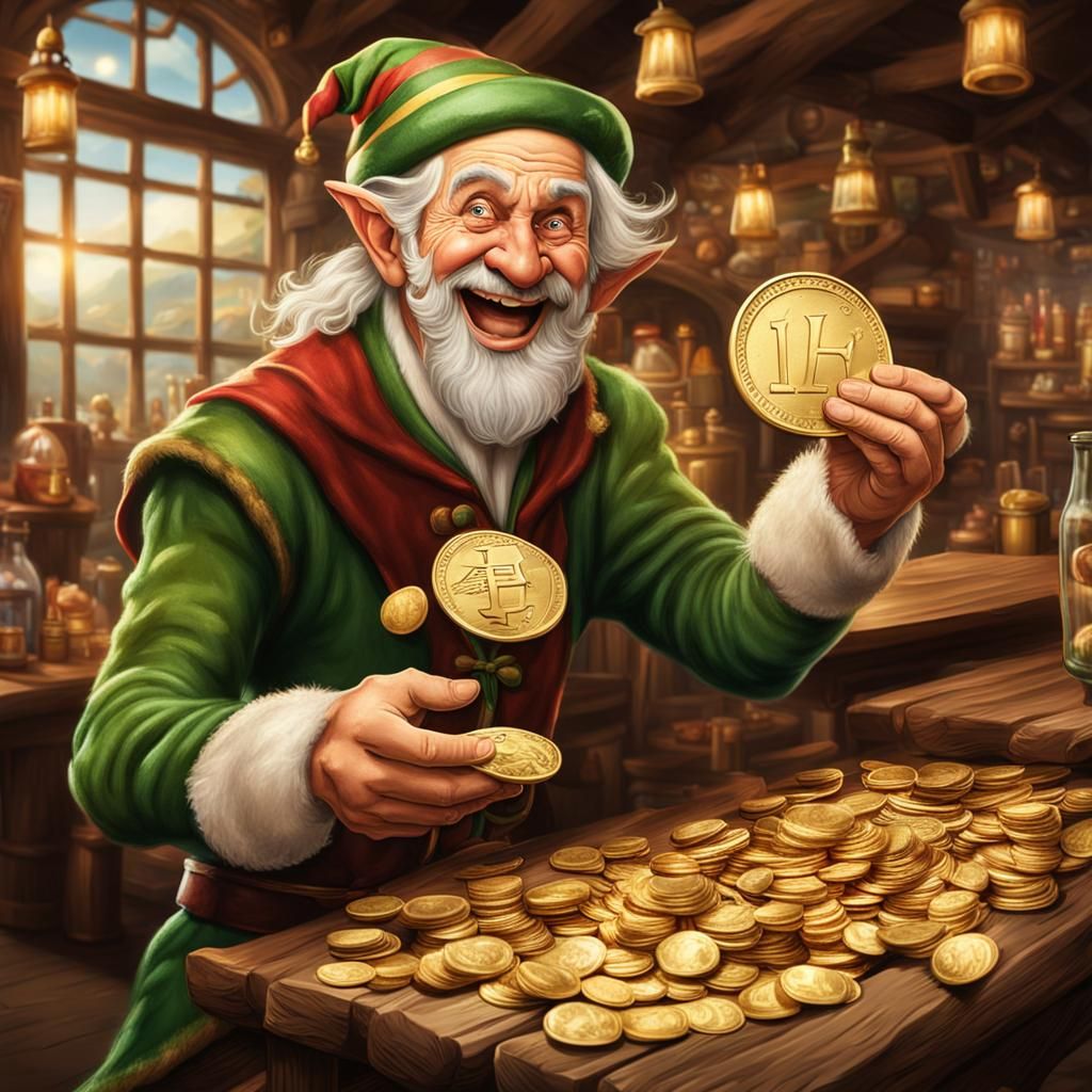 Happy Elf Flipping Coin in Tavern