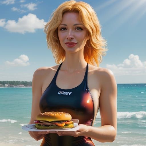 Labor Day god rays incandescent gold, a woman in a one-piece swimsuit eating burgers at the beach, impressionism. 🥩🍔🏊...