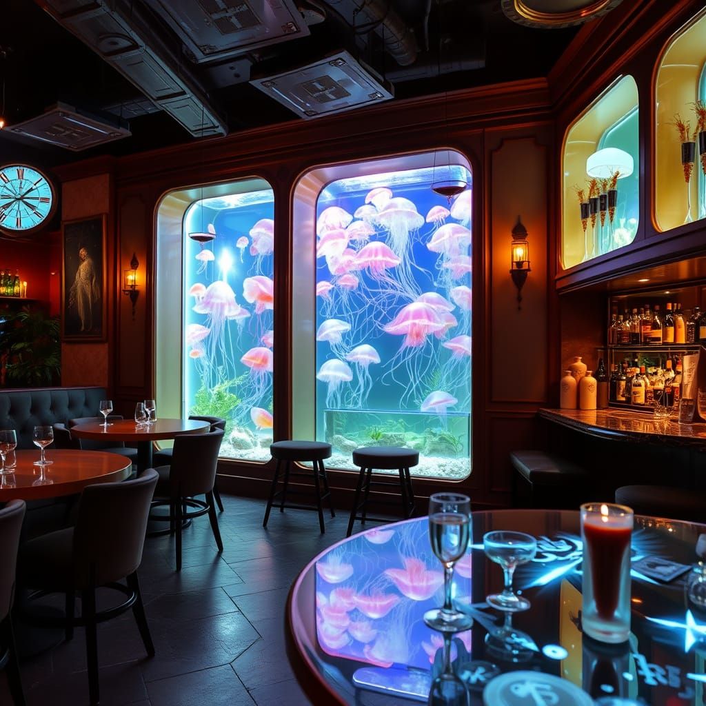 Aquarium Cafe Pub with Luminescent Jellyfish