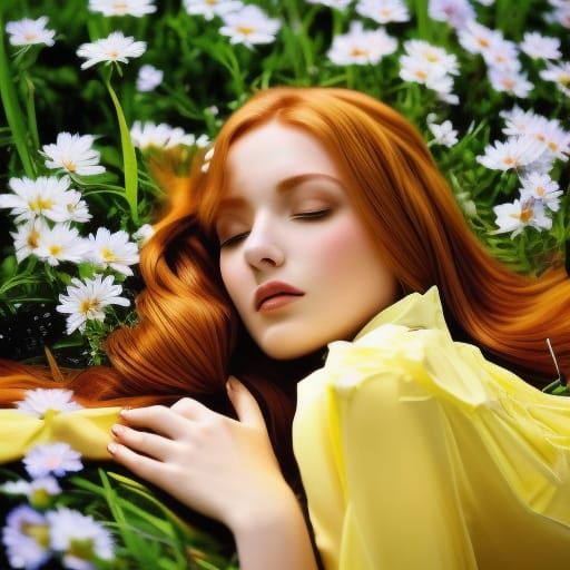 Ginger Woman in Flowers: Art Nouveau Portrait
