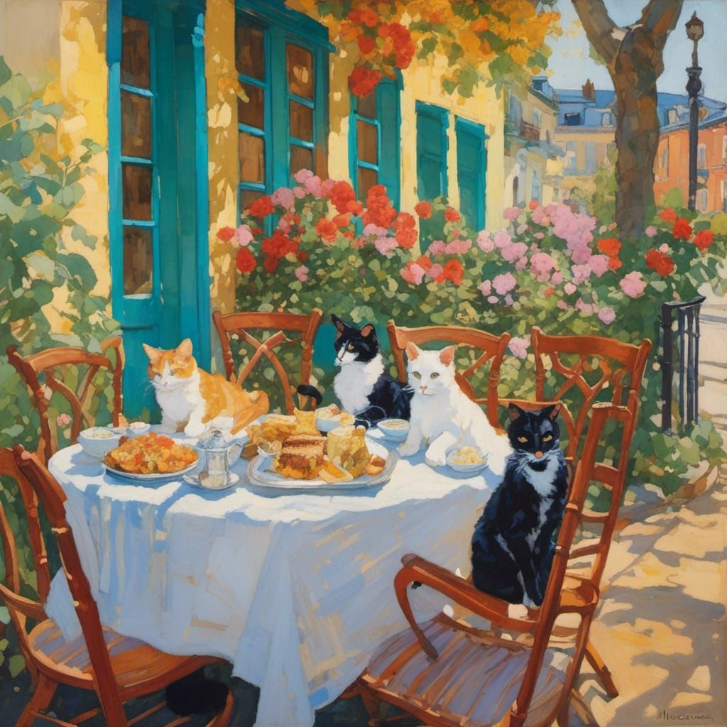 Street Art Cats at Restaurant in Pastel Colors