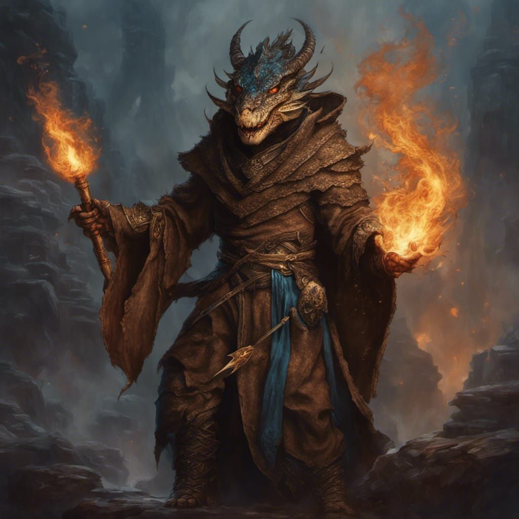 Dragonborn Casting Fire Spell in Fantasy Art Style