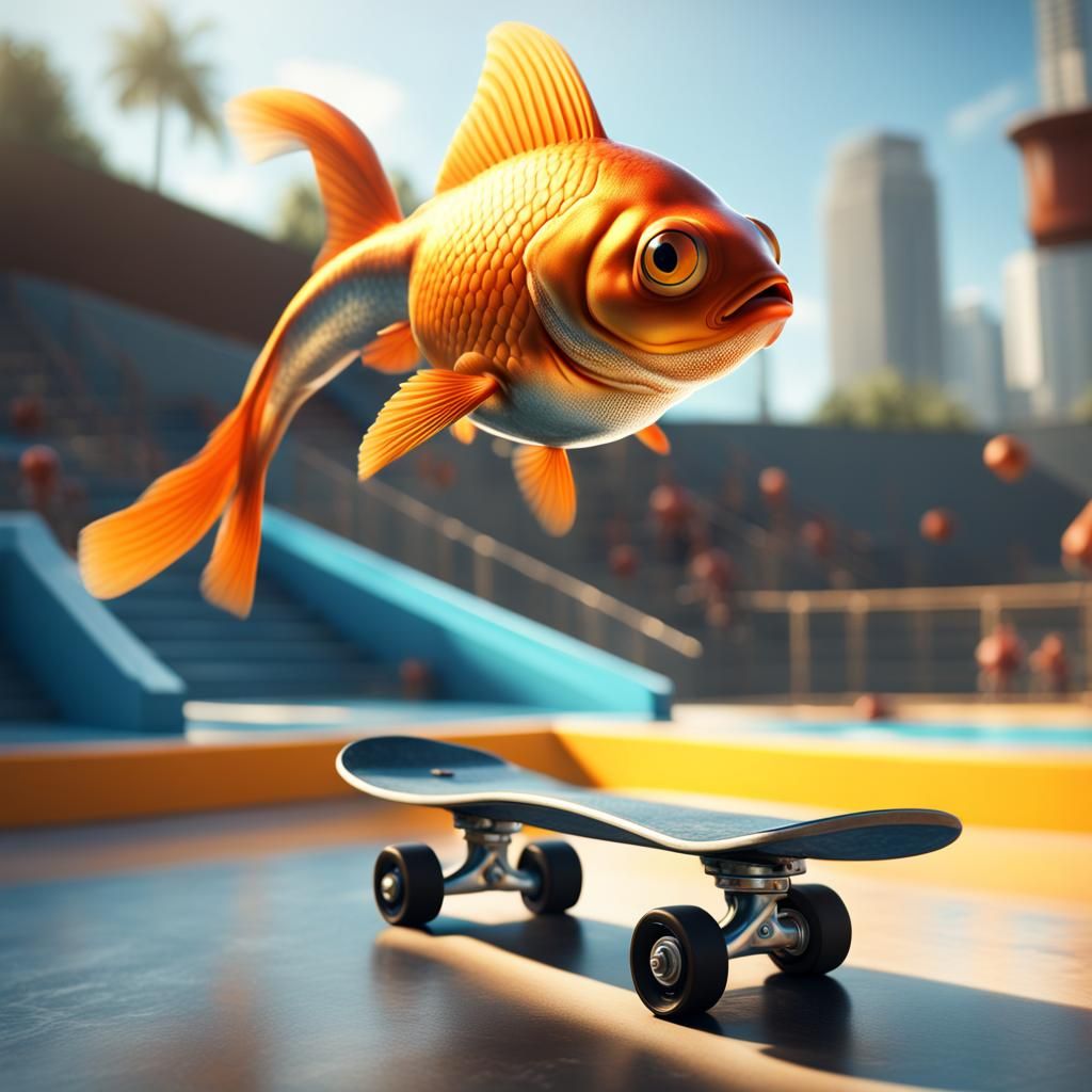 Goldfish Skateboarding in a Fishbowl, Detailed Digital Paint...