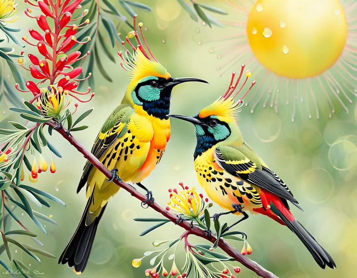 Colourful Birds and Grevilleas