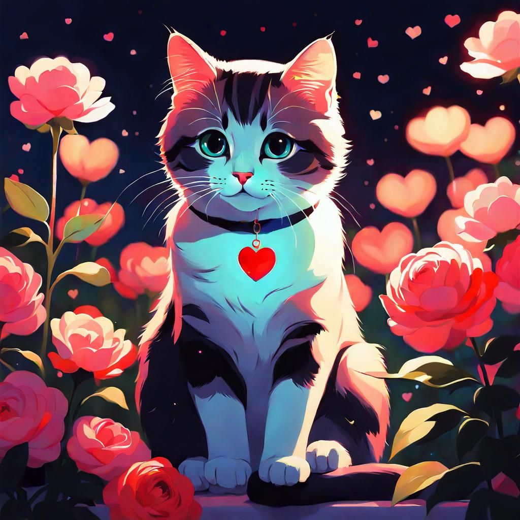 Cute Cat Surrounded by Flowers in Anime Style