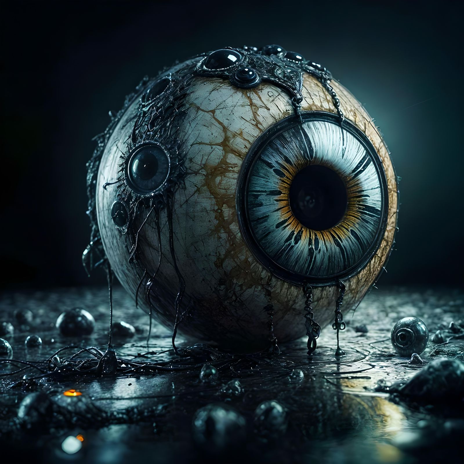Eerie Eyeball Leaking Black Ink: Macabre Digital Art