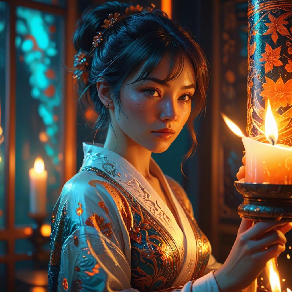 Burning Candle with Japanese Girl: Digital Concept Art