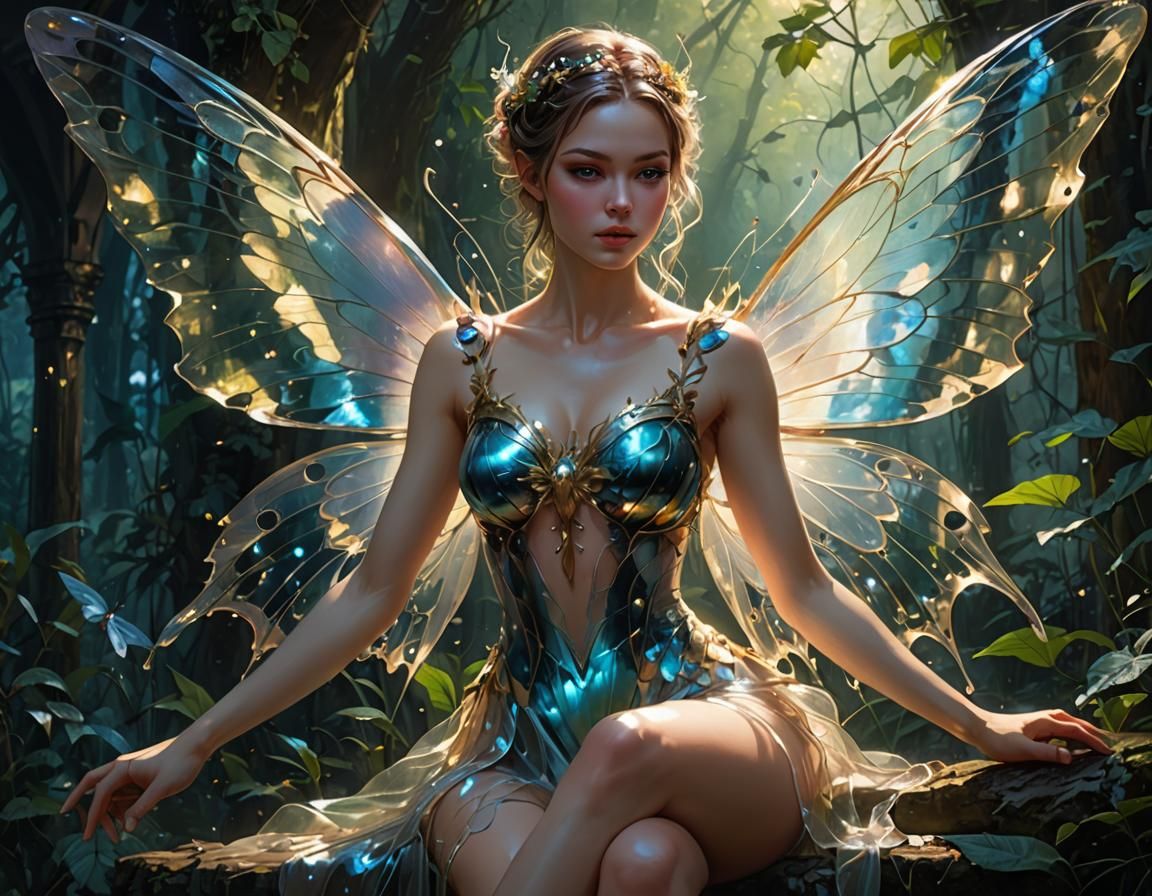 Beautiful Fairy Portrait with Translucent Wings in Ink Style