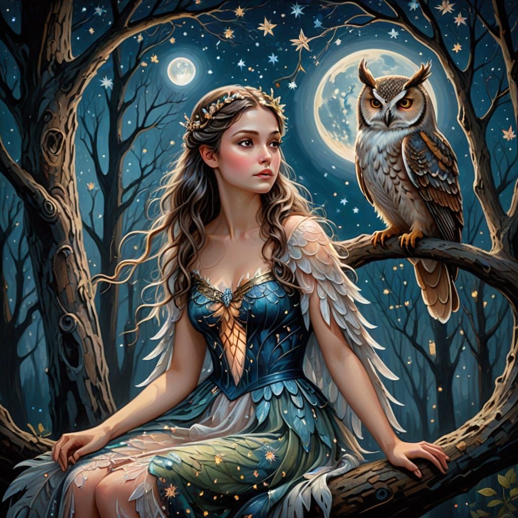 Fairy and Owl in Moonlit Forest, Oil Painting Style