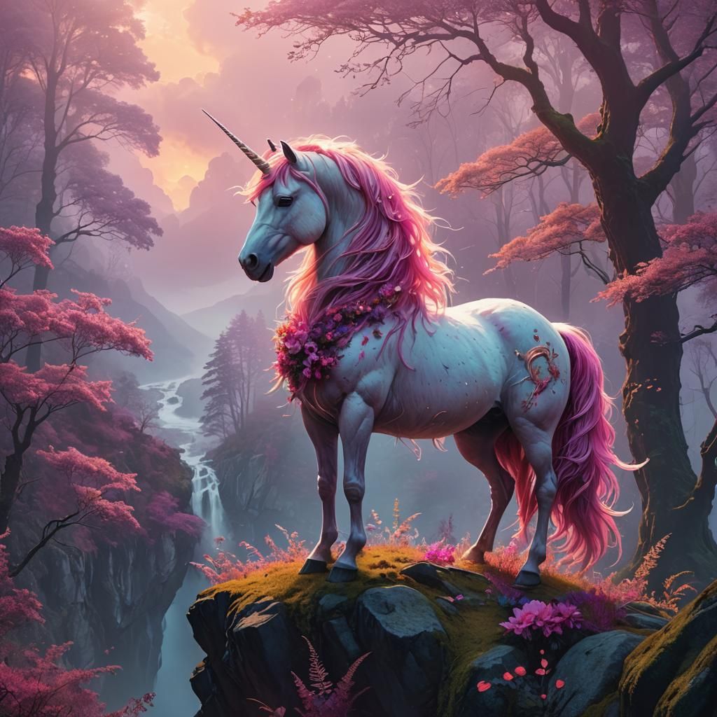 Pink Unicorn in Misty Forest: Fantasy Concept Art