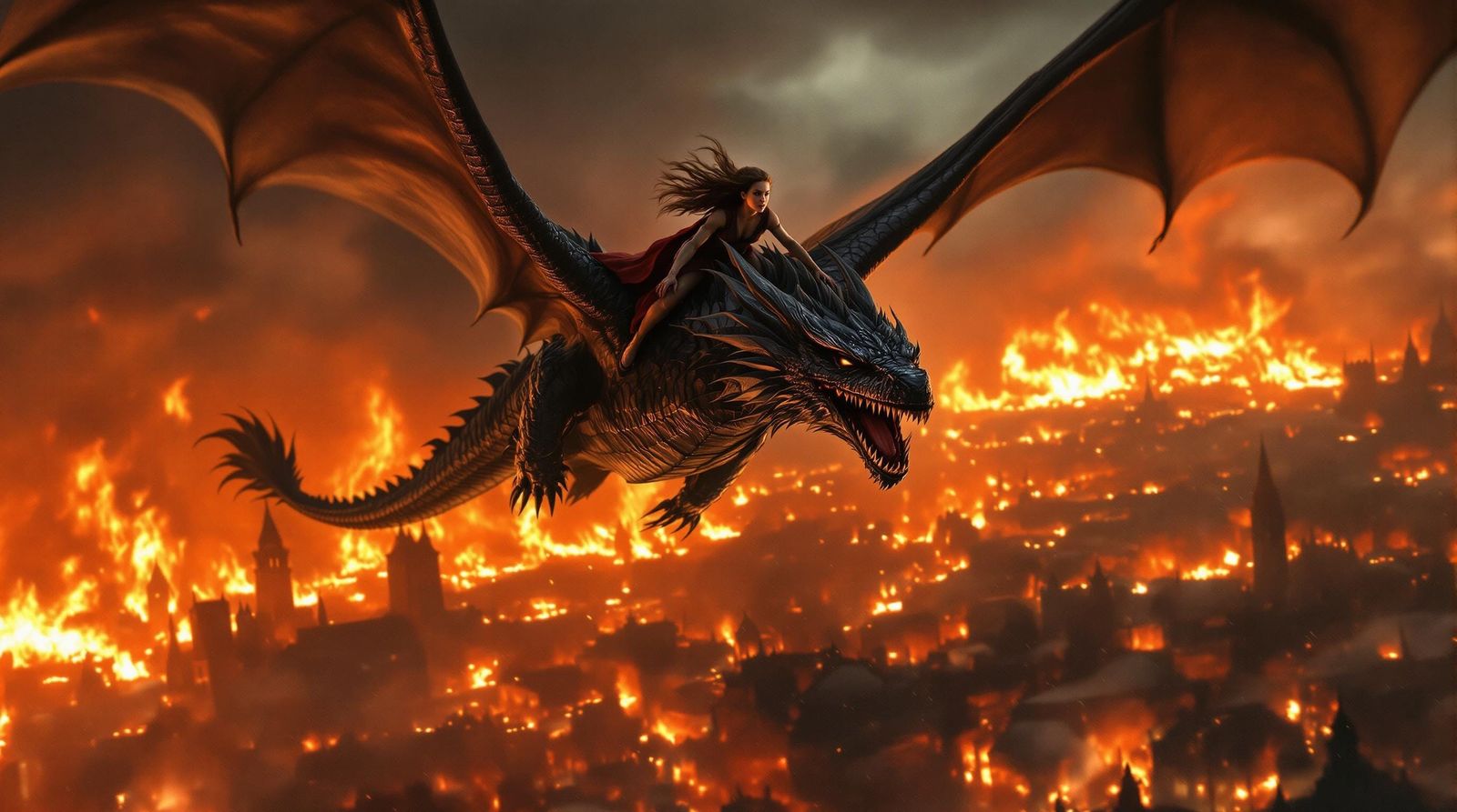 Fearless Girl Battles Dragon in Medieval City Inferno