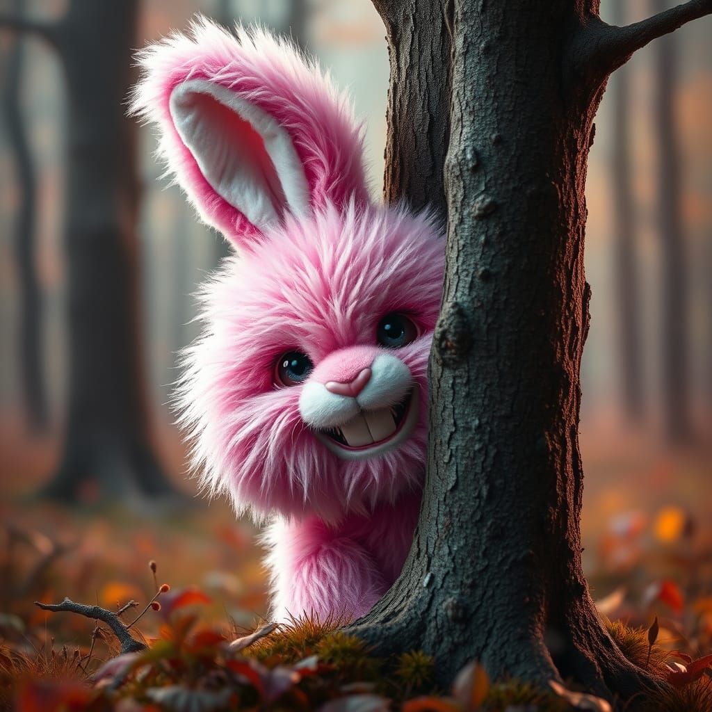 Pink Rabbit Lurking in Misty Forest, Hyperrealistic Splash A...