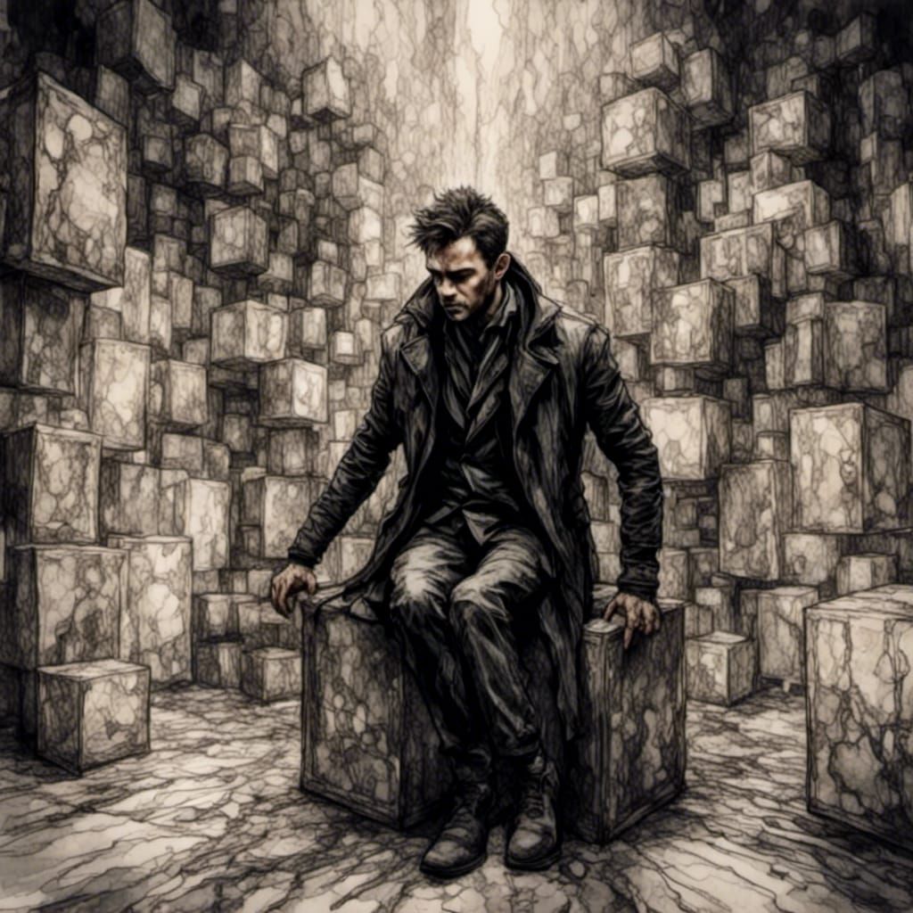 Claustrophobic Man Trapped in Steel Cube: Manga Ink Art