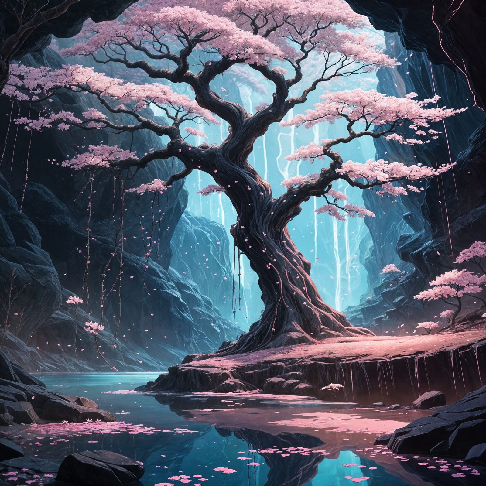 Shimmering Neon Sakura Tree in Deep Cavern