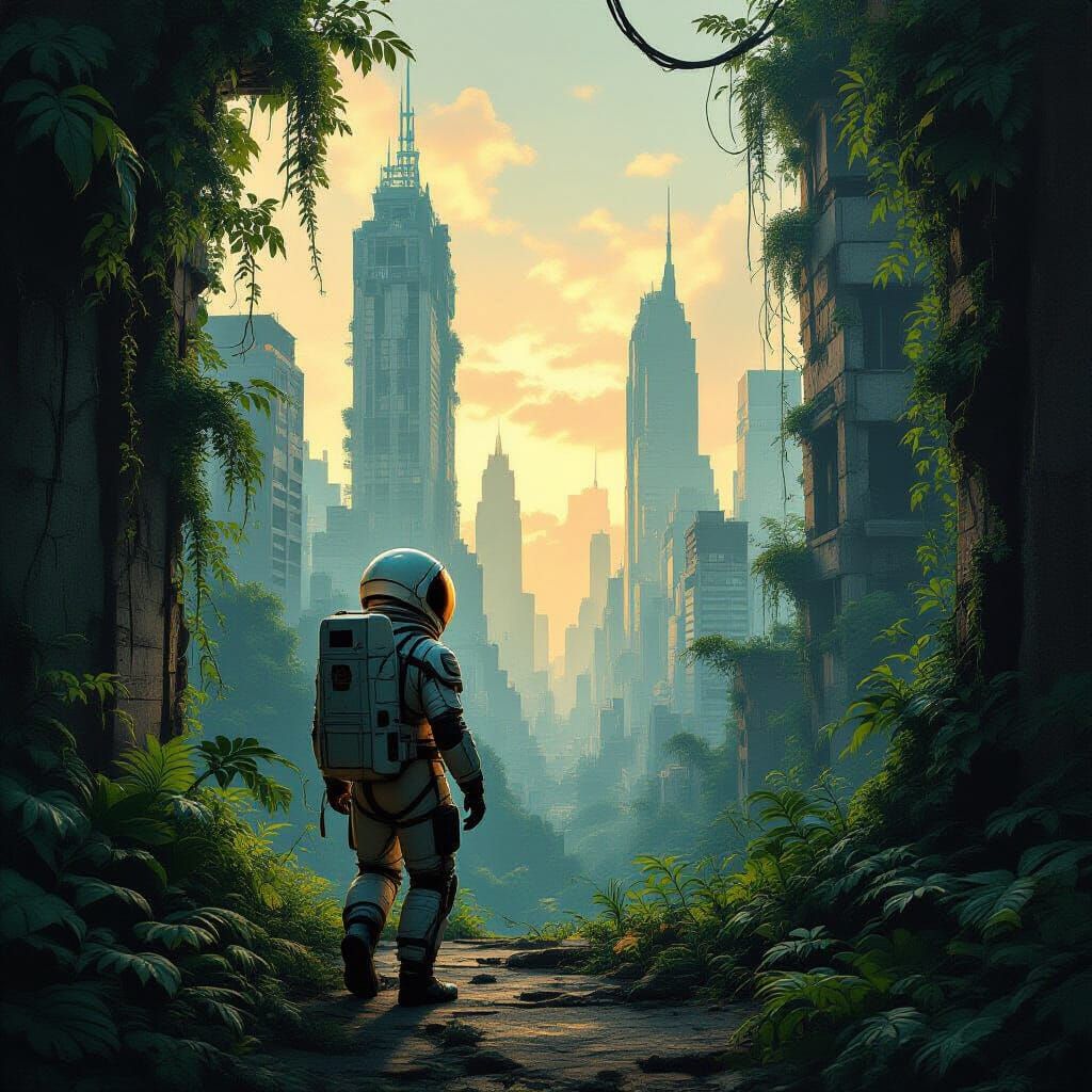 Astronaut Explores Overgrown City Ruins in Golden Hour