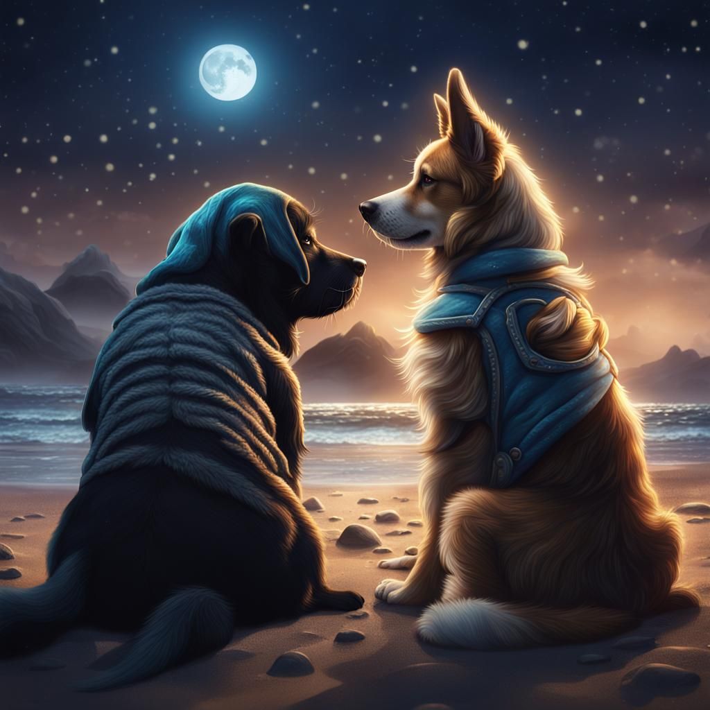 Dogs Hugging on Beach in Moonlight: Fantasy Art