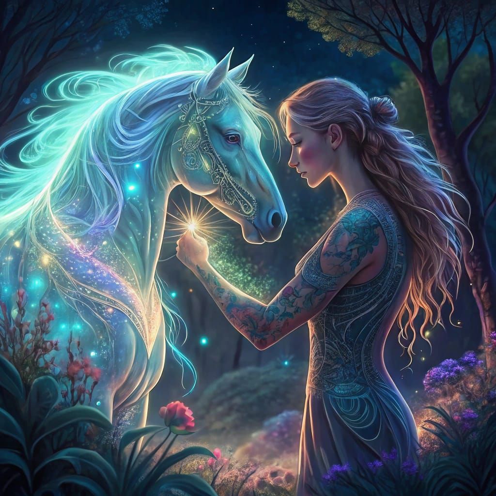Luminescent Warrior Woman and Crystalline Horse