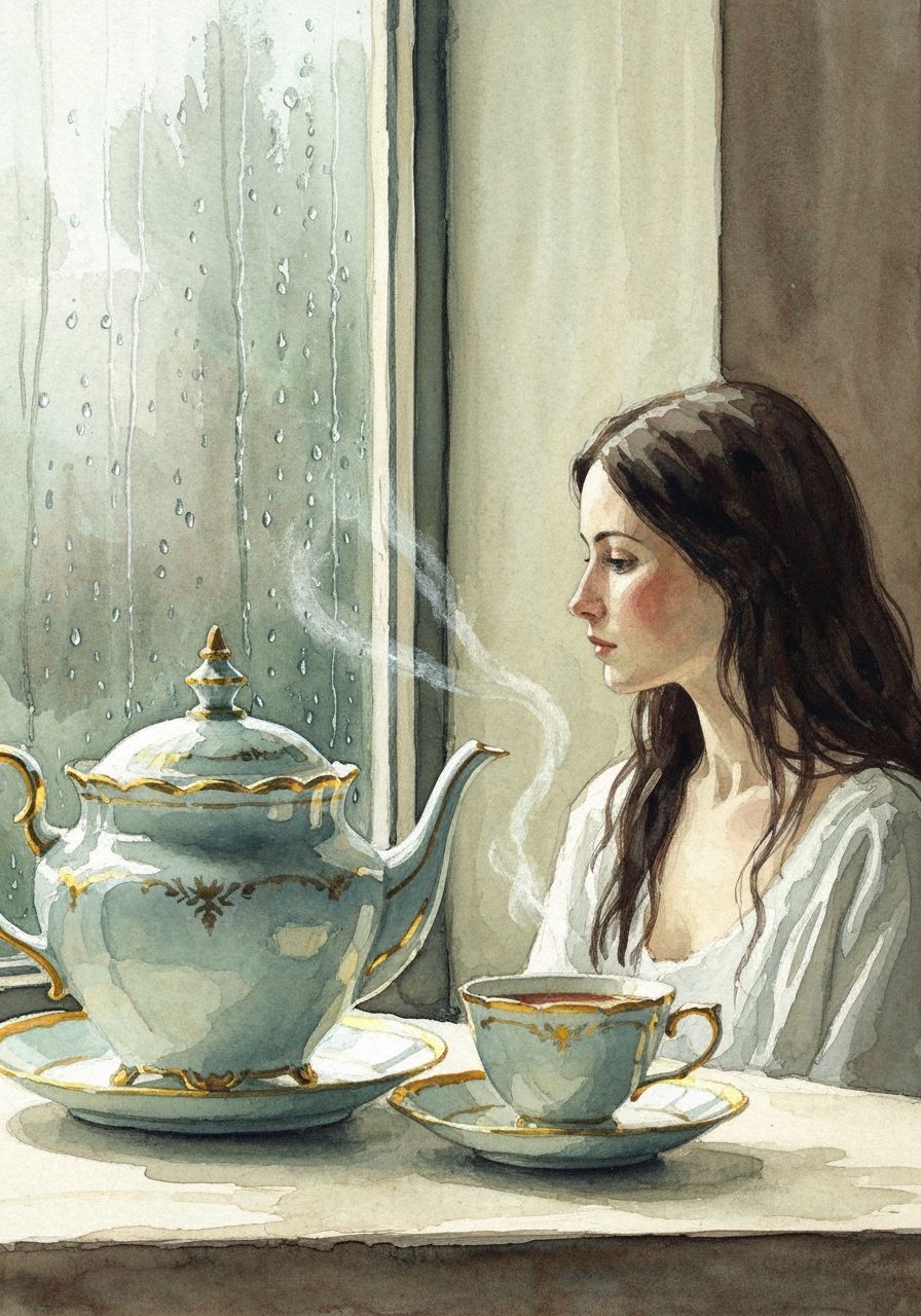 Elegant Tea Set by Rainy Window in Watercolor Style