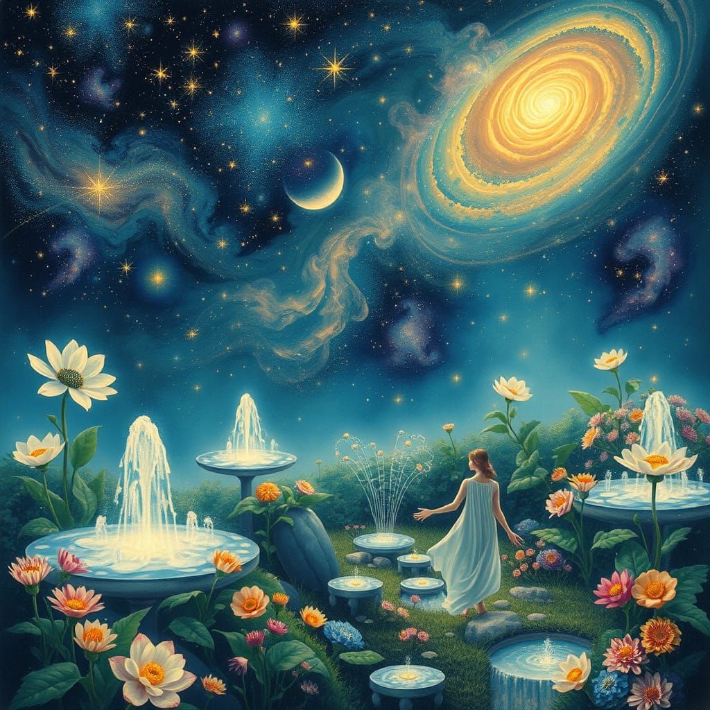 “A garden floating in space surrounded by stars and galaxies...