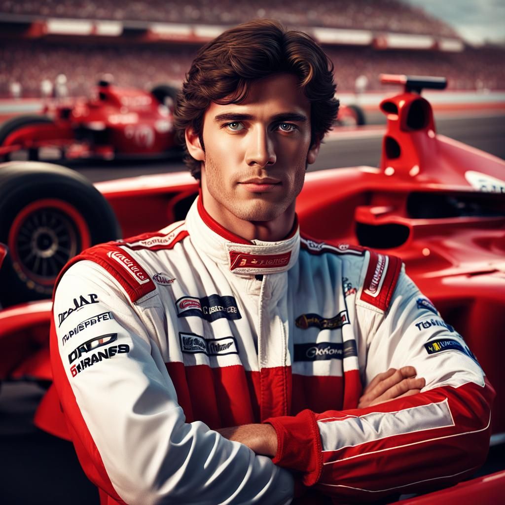 Young Race Car Driver Leaning on F1 Car