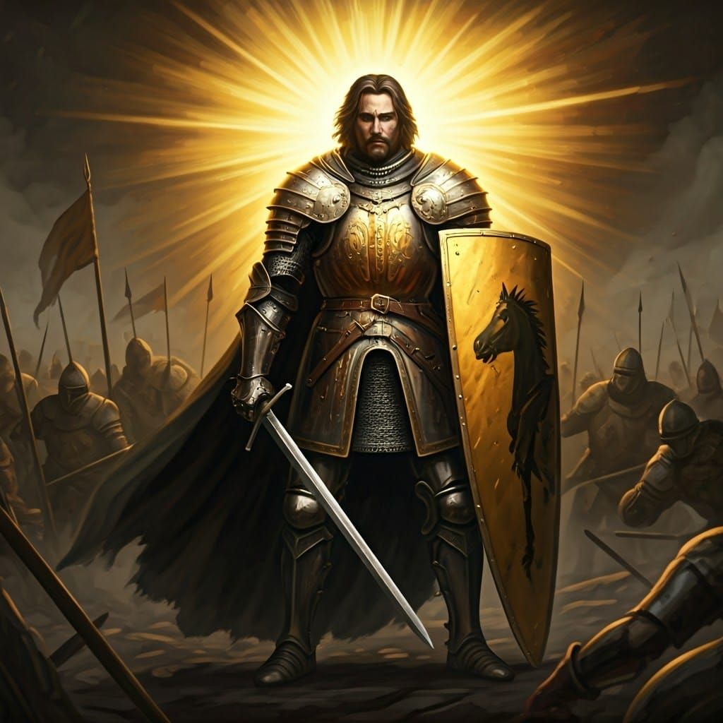 Medieval Knight in Ornate Armor with Bucephalus Shield