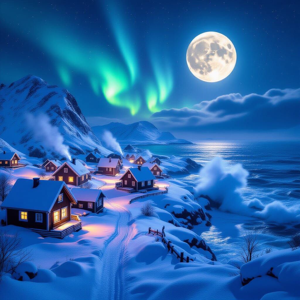 Winter Village Under Northern Lights in Cinematic Style