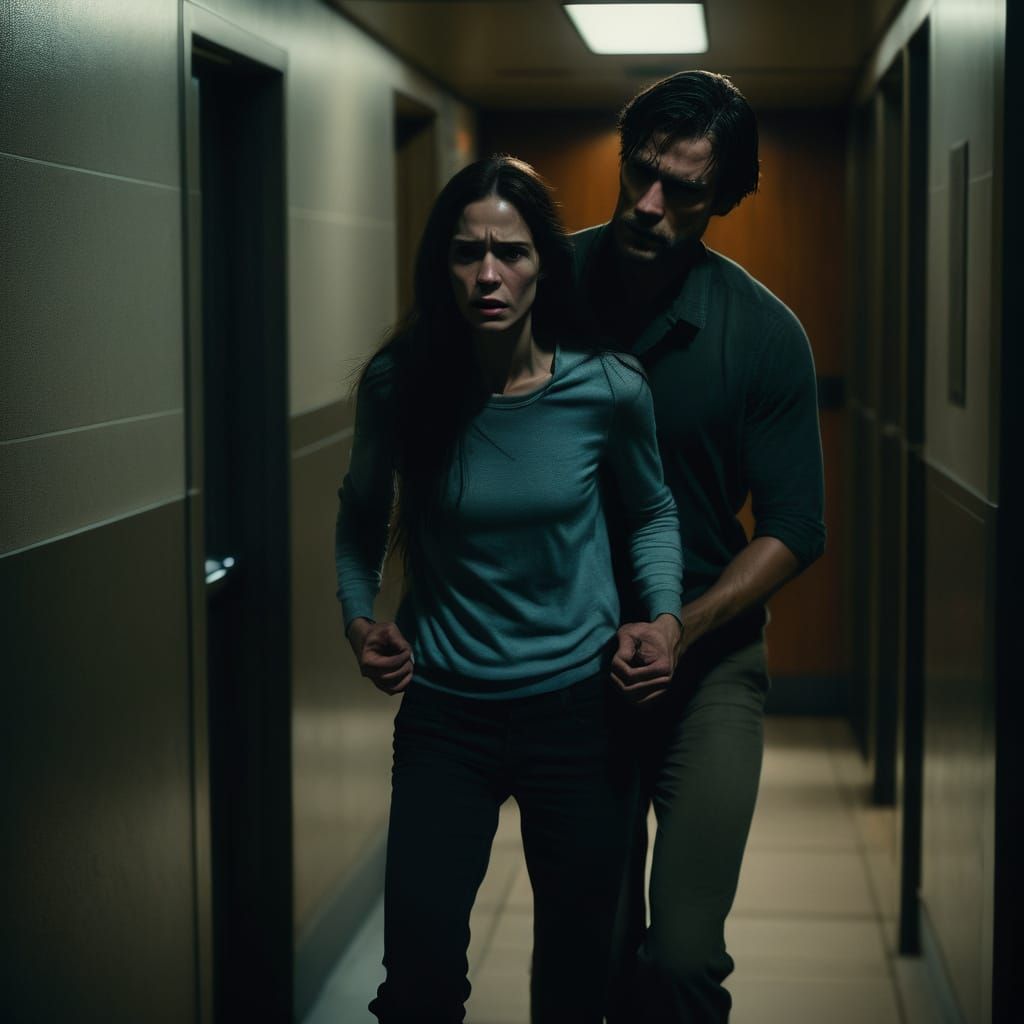 Woman Carries Scared Man in Moody Cinematic Scene
