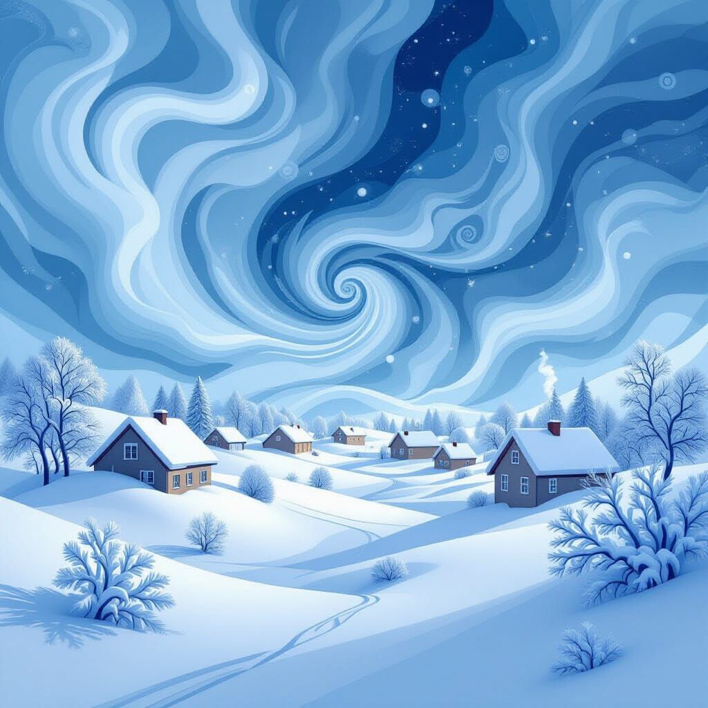 Turbulent Blizzard Engulfs Small Village in Cool Tones