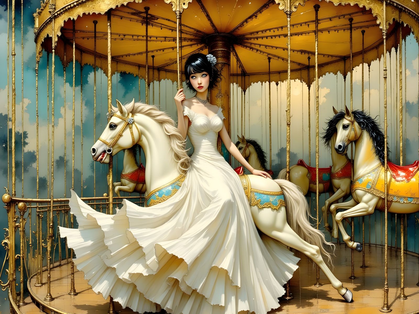 Ethereal Woman on Carousel Horse in Abstract Surrealism