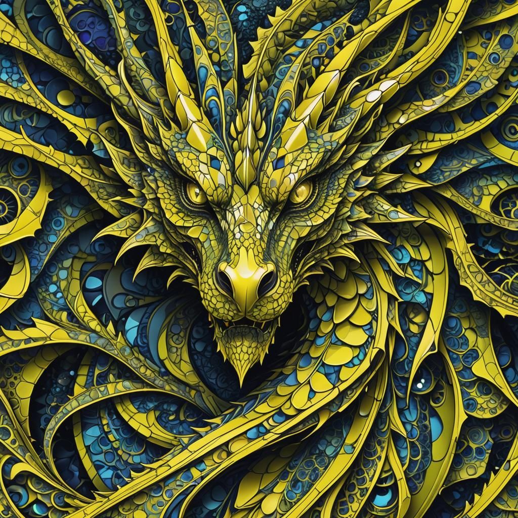 Neon Yellow Dragon with Diamond, Abstract Fractal Art