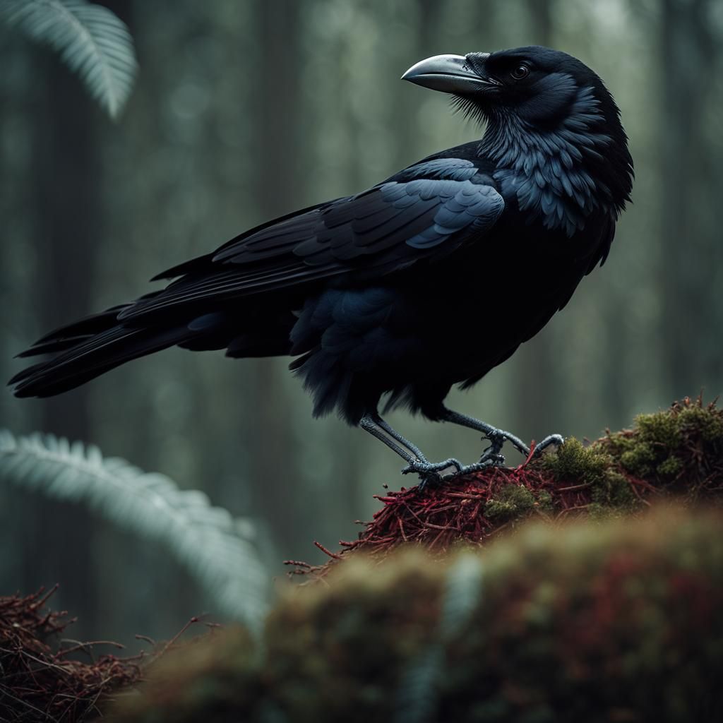 Metallic Crow with Silver Beak in Cinematic Lighting
