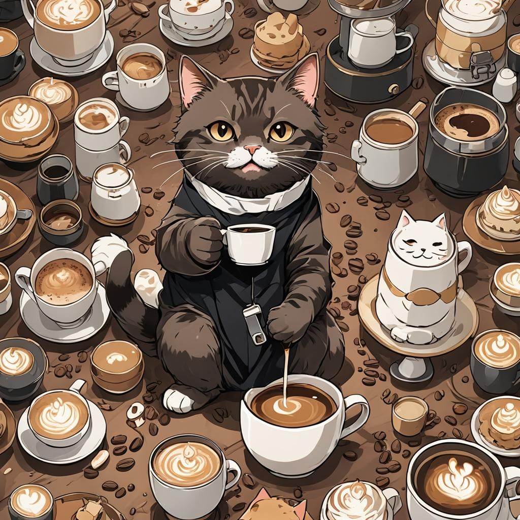 Coffee-Loving Cat in Anime Style