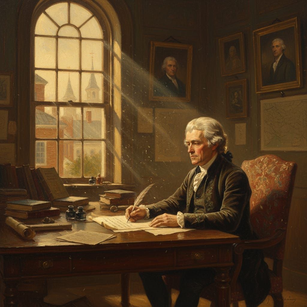 Jefferson Drafting Declaration of Independence in Warm Light
