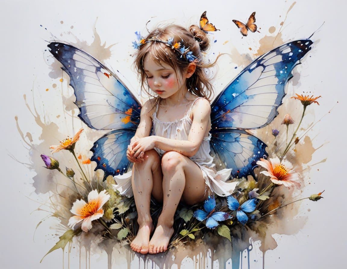 Butterfly Fairy on Flower, Watercolour Art