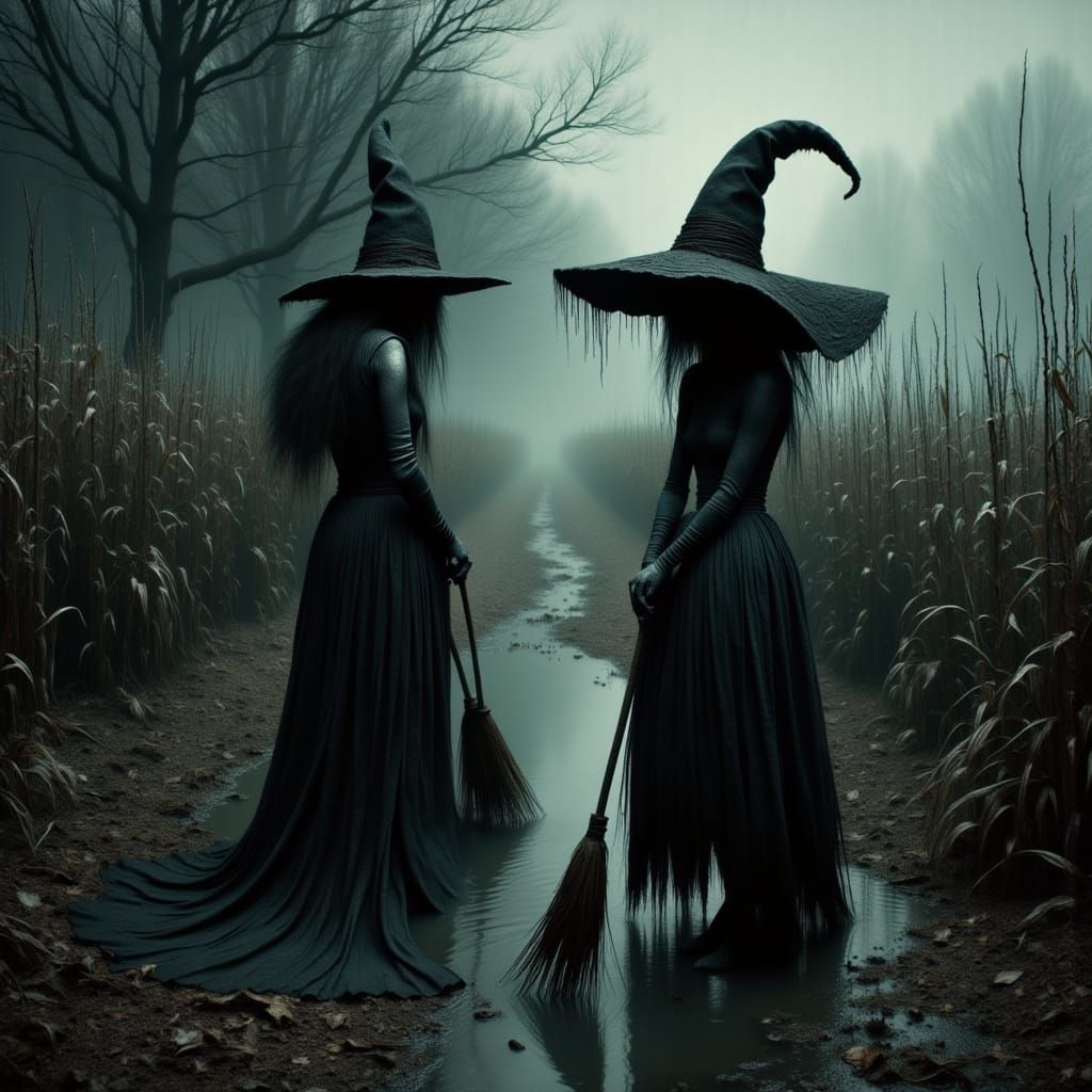 Spooky Swamp Witches Flying Brooms at Night