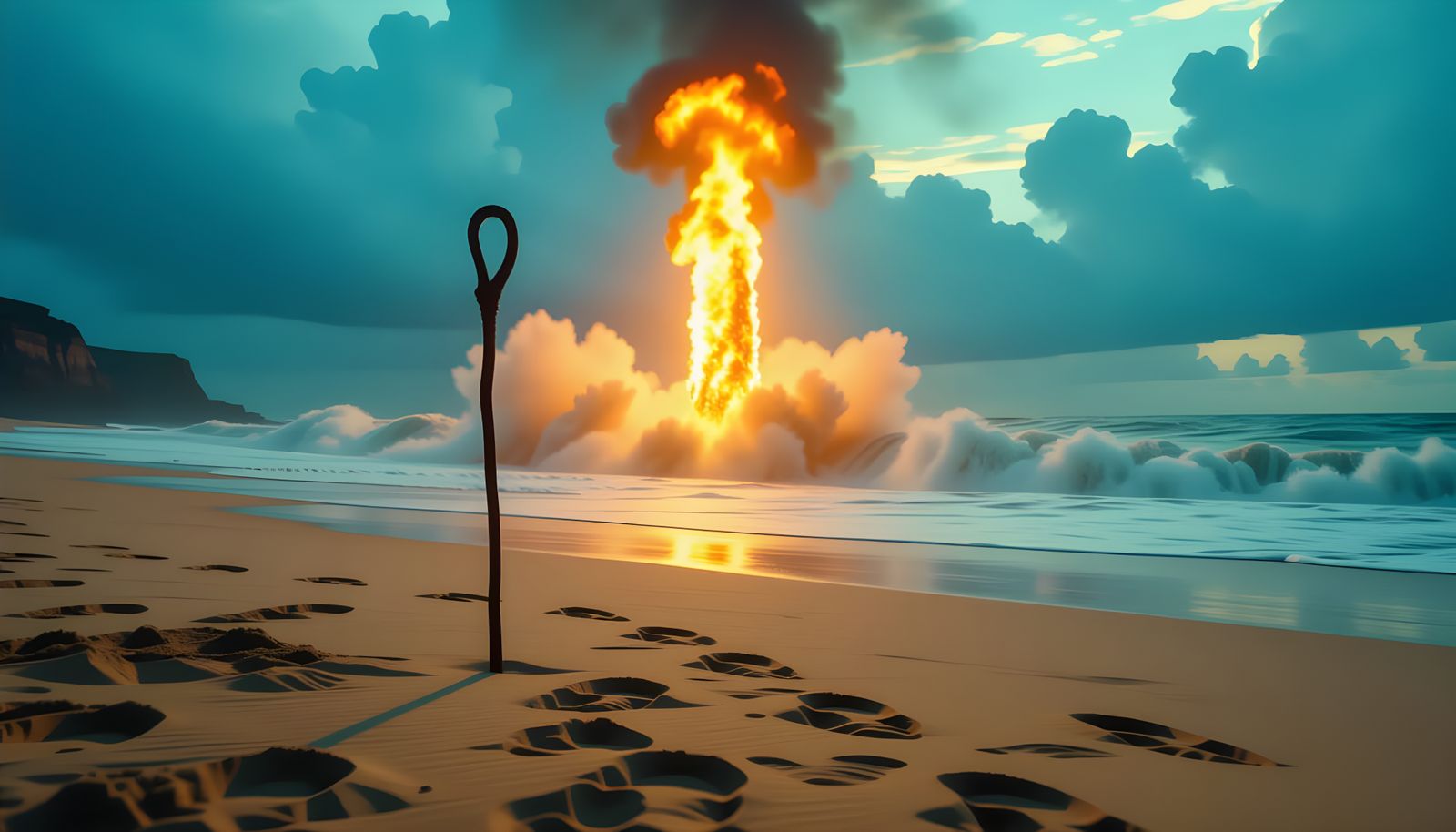 Epic Beach Scene with Moses' Staff and Fire Pillar